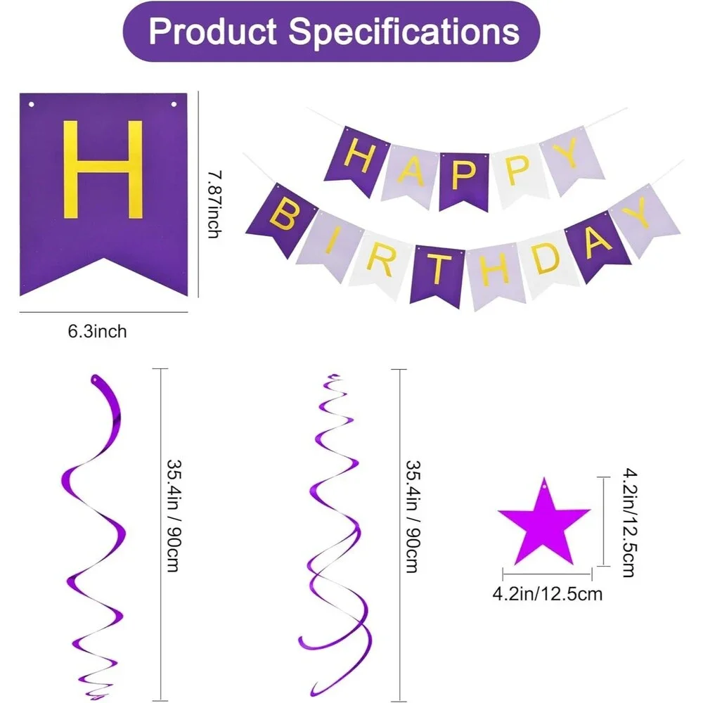 BEISHIDA Purple HAPPY BIRTHDAY Banner with 12pcs Purple and Silver Stars Hanging